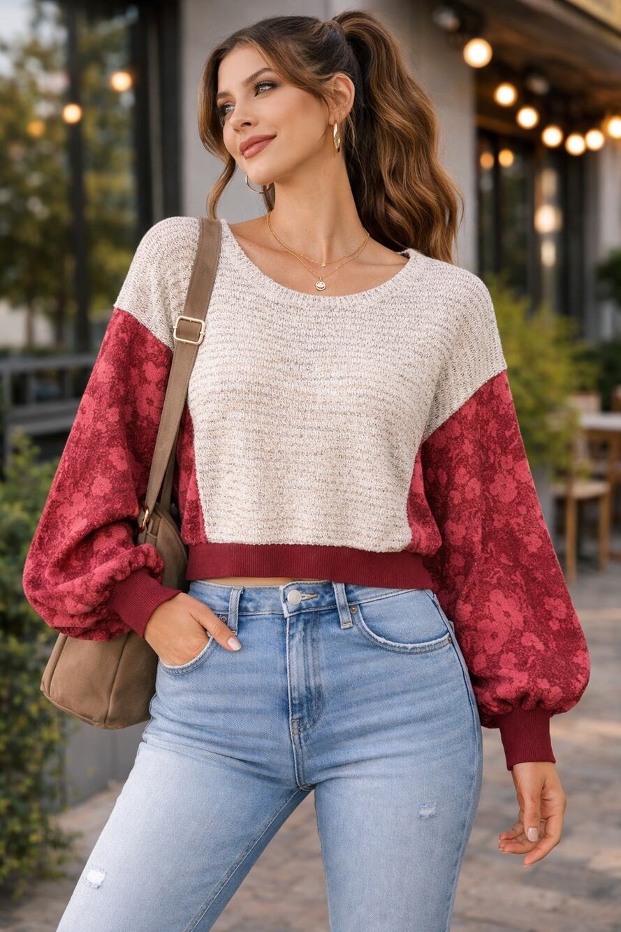 Anthro Saturday Sunday Women’s Colorblock Knit Top Red Cream Balloon Sleeve SZ S